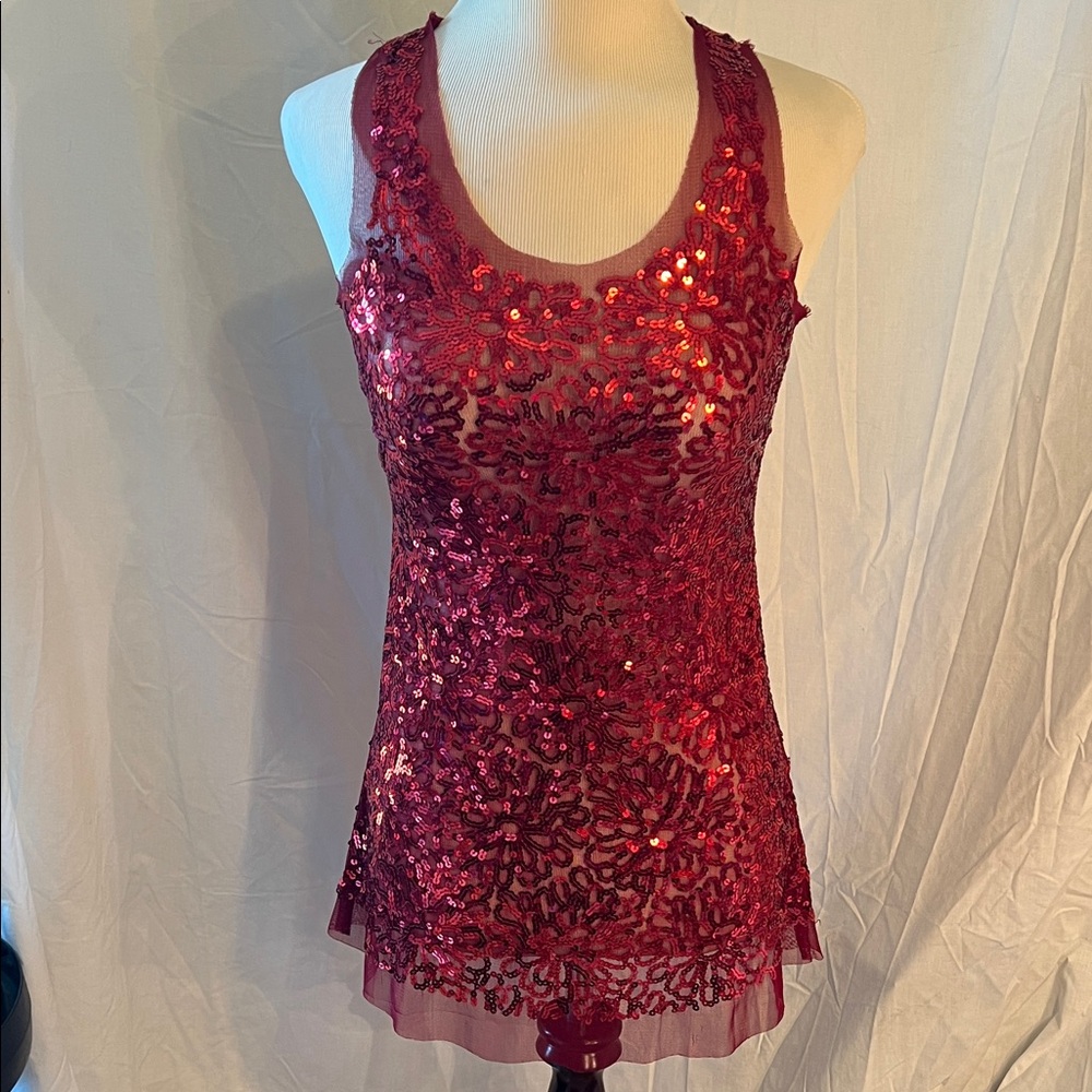 Women's Burgundy Sequin Lace Camisole Tank